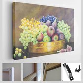 Origineel olieverfschilderij op doek - Stilleven met fruit in koperen pan op donkerbruine achtergrond - Modern Art Canvas - Horizontaal - 749193640