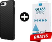 Backcase Carbon Hoesje iPhone 8 Plus Zwart - Gratis Screen Protector - Telefoonhoesje - Smartphonehoesje