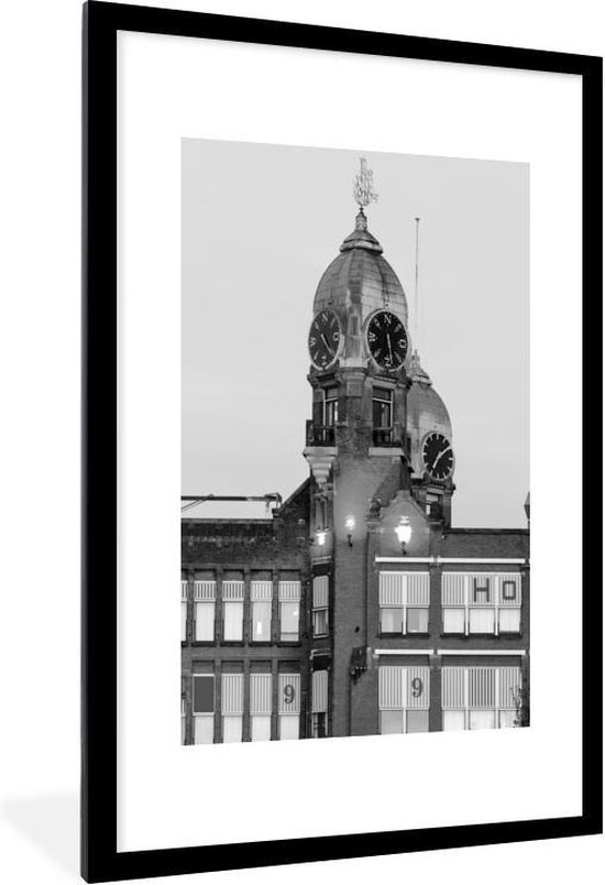 Fotolijst incl. Poster Zwart Wit- Klokkentoren met een windwijzer in Rotterdam - zwart wit - 60x90 cm - Posterlijst