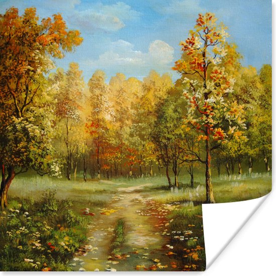 Poster Een illustratie van herfstachtige bomen in een bos - 75x75 cm