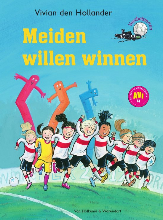 Vrolijke illustratie van een voetbalteam van meisjes die juichen op een grasveld, met ballonnen op de achtergrond. Tekst 'Meiden willen winnen'.