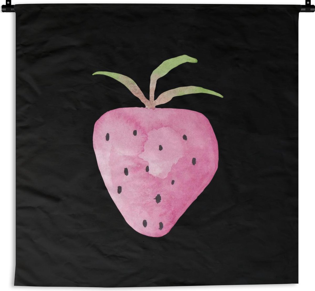Wandkleed - Wanddoek - Aardbei - Aquarel - Zwart - 150x150 cm - Wandtapijt