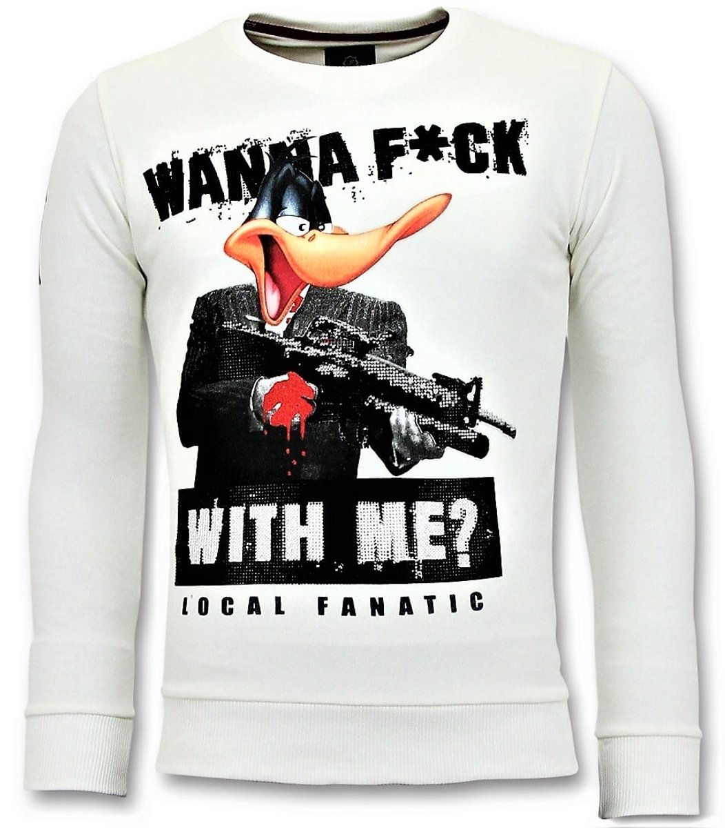 Rhinestones Sweater Heren - Shooting Duck Gun Trui - Wit