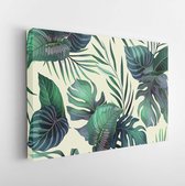 Naadloze vector patroon met exotische tropische planten in moderne stijl. Trendy jungle achtergrondontwerp. Natuur textiel mode behang print. - Moderne kunst canvas - Horizontaal -