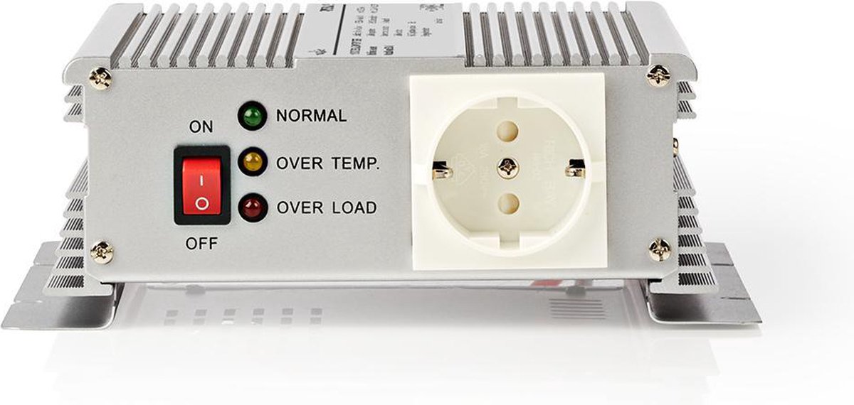 Nedis Inverter Gemodificeerde Sinusgolf - Ingangsvoltage: 12 V DC - Apparaat stroomoutput: Type F (CEE 7/3) - 230 V AC 50 Hz - 600 W - Piekvermogen: 1500 W - Accuklemmen - Zilver