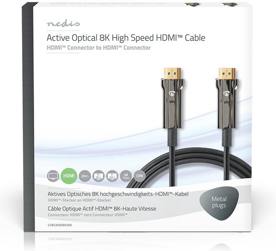HDMI Connecteur, HDMI Connecteur, 8K@60Hz, 48 Gbps, 20.0 m, Rond, PVC, Noir, Boîte