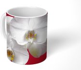 Mok - Witte orchidee op rood - 350 ML - Beker