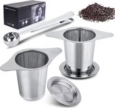 TeaLux Set van 2 Stuks RVS Theefilters met Maatlepel en Lekbakjes - Theezeef voor Losse Thee en Kruiden - Tea Infuser\Strainer Giftset - Verse Thee filter\Zeef Cadeau Pakket - Krui