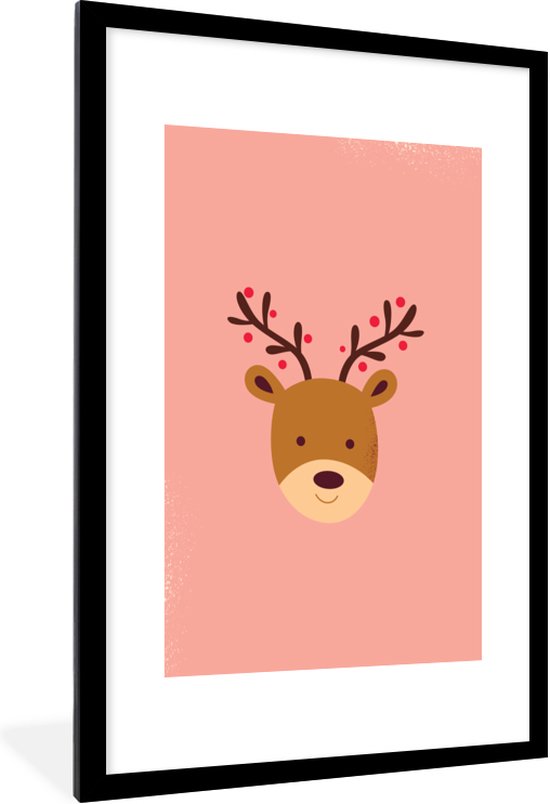 Cadre photo avec affiche - Renne - Noël - Rose - Noël - Hiver - 60x90 cm - Cadre pour affiche