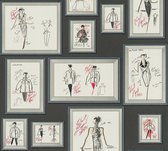 AS Creation Karl Lagerfeld - Mode Schets Collage behang - Avantgarde Ontwerp "Sketch" - grijs wit rood zwart - 1005 x 53 cm