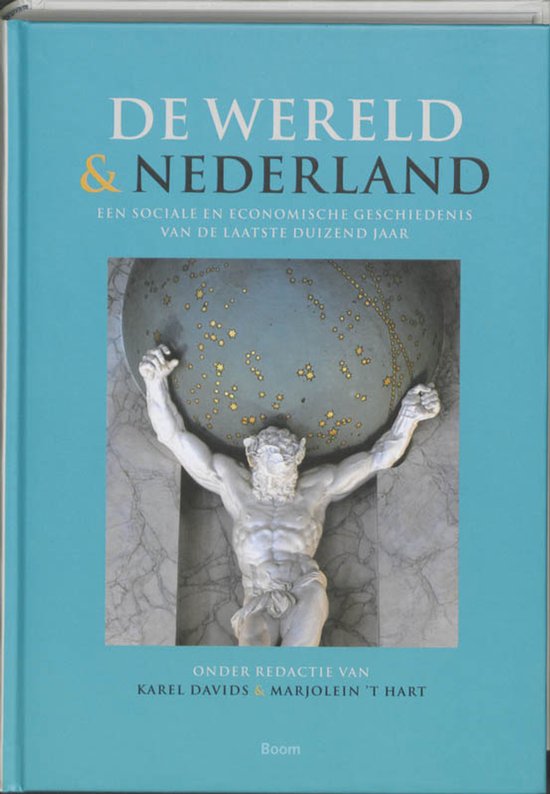 Boek: 'DE WERELD & NEDERLAND' met Atlas op de kaft.