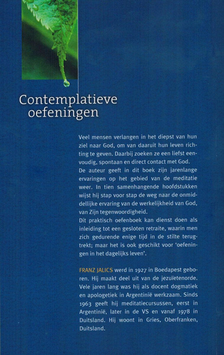 Boekomslag met achtergrondinformatie over het boek 'Contemplatieve oefeningen'.