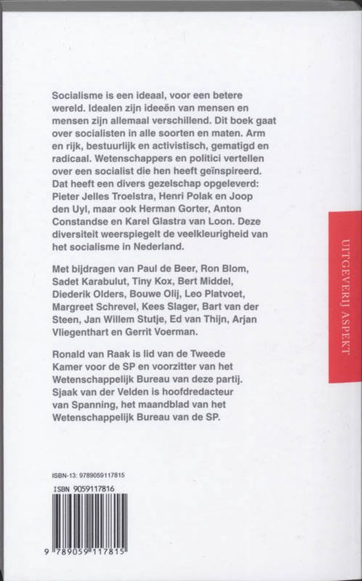 Achterkant van het boek 'Socialisten' met tekst en ISBN.
