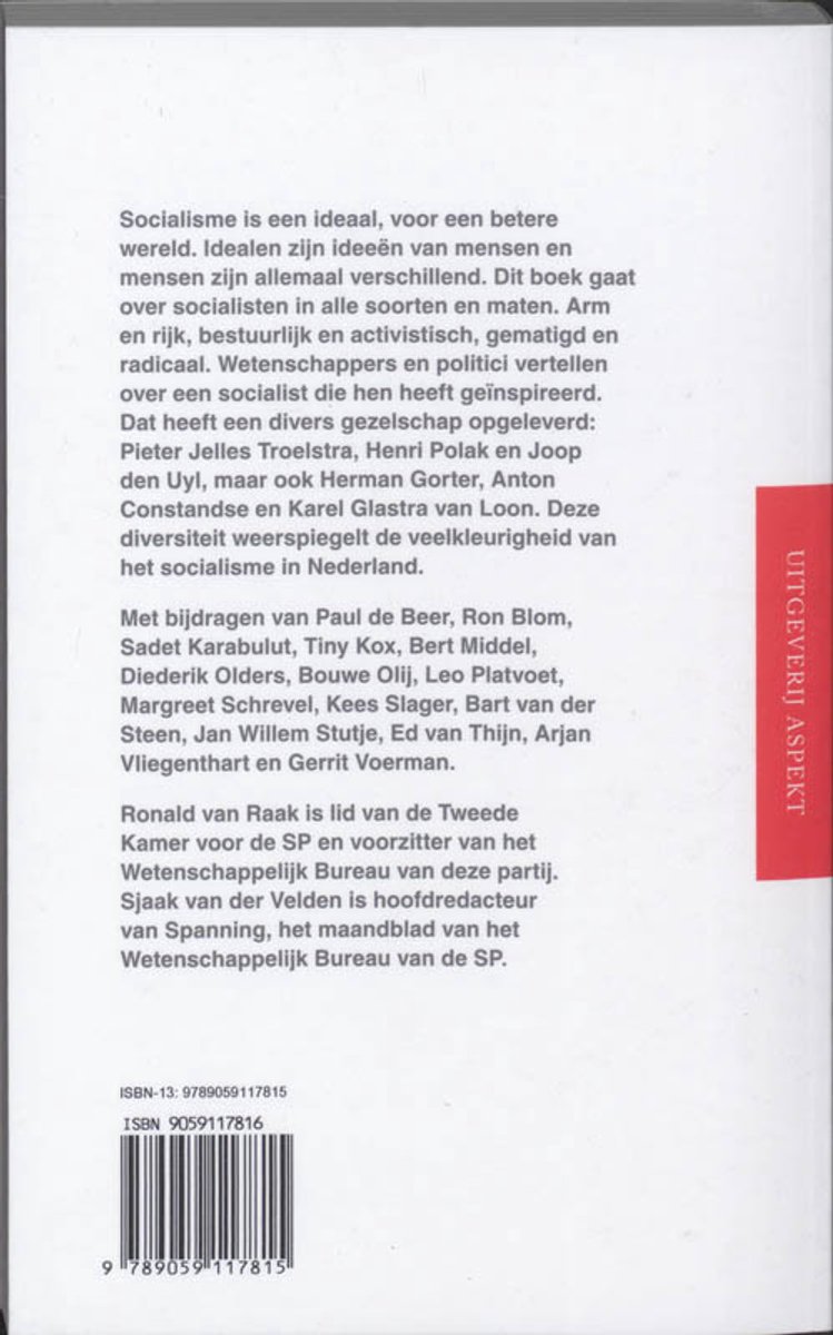 Achterkant van het boek 'Socialisten' met tekst en ISBN.