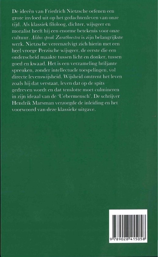 Achterkant van een boek met Nederlandse tekst over de ideeën van Friedrich Nietzsche en zijn werk 'Aldus sprak Zarathoestra'.