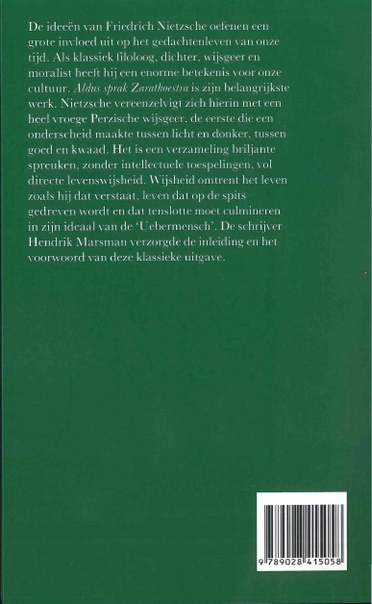 Achterkant van een boek met Nederlandse tekst over de ideeën van Friedrich Nietzsche en zijn werk 'Aldus sprak Zarathoestra'.