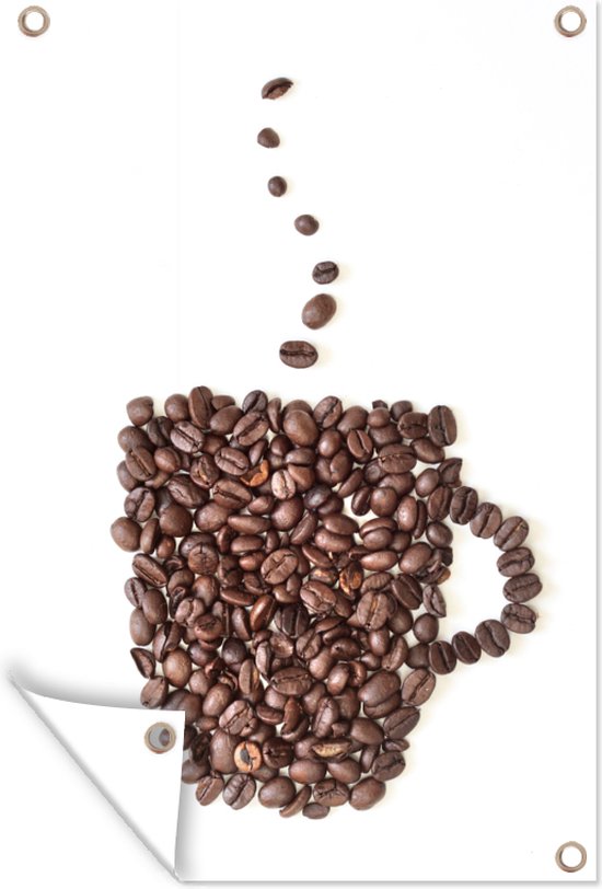 Tuinposters buiten Koffiekop gemaakt van koffiebonen - 60x90 cm - Tuindoek - Buitenposter