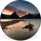 WallCircle - Wandcirkel - Muurcirkel - Zonsondergang Nationaal park Fiordland in Nieuw-Zeeland - Aluminium - Dibond - ⌀ 60 cm - Binnen en Buiten