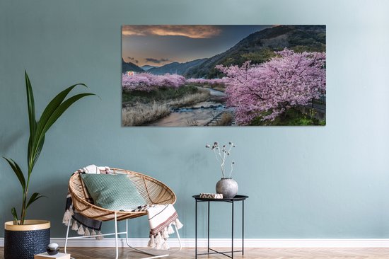 Toile Peinture Cerisier - Montagnes - Printemps - 160x80 cm - Décoration murale