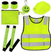 Navaris veiligheidsset voor kinderen - 7-delige kit - Reflecterend voor extra zichtbaarheid - Vest, polsbanden, armbanden, badge, helmhoes en zakje