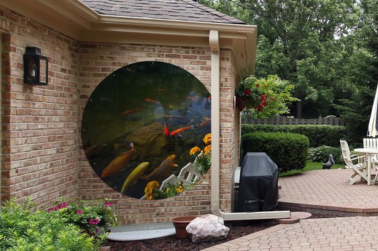 Garden Circle Carpes Koï dans un étang avec des fleurs - 150x150 cm - Affiche Ronde de Jardin - Extérieur