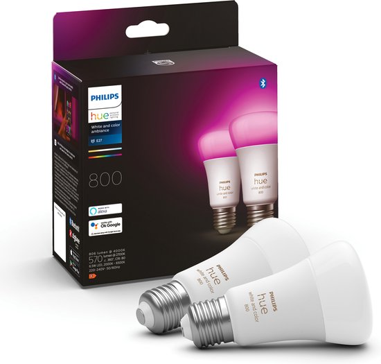 Philips Hue Slimme Lichtbron E27 Duopack – wit en gekleurd licht – 6.5W – Bluetooth – 2 Stuks
