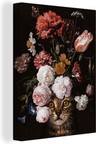 Canvas Schilderij Kat - Bloemen - Flora - 60x80 cm - Wanddecoratie