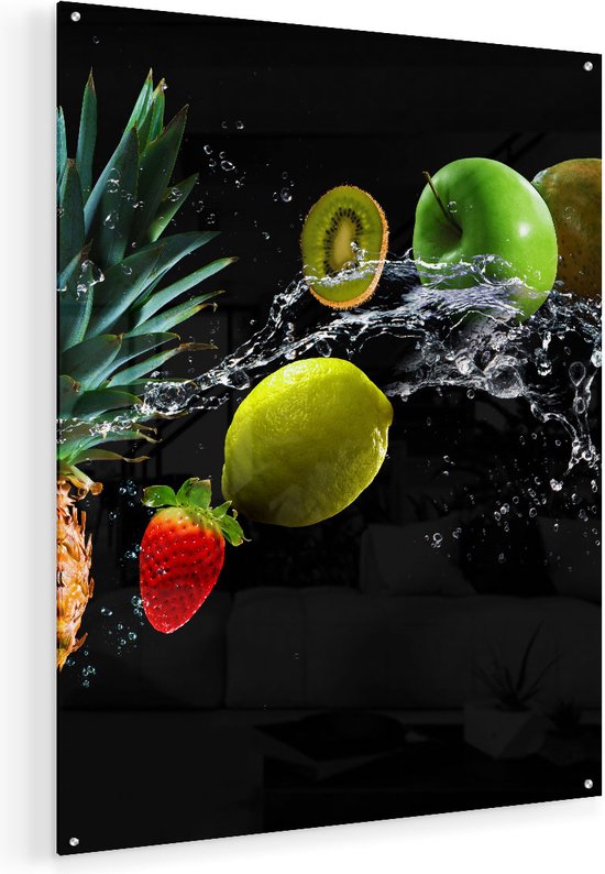 Artaza Glasschilderij - Fruit Met Water Op Zwart Achtergrond - 80x100 - Groot - Plexiglas Schilderij - Foto op Glas