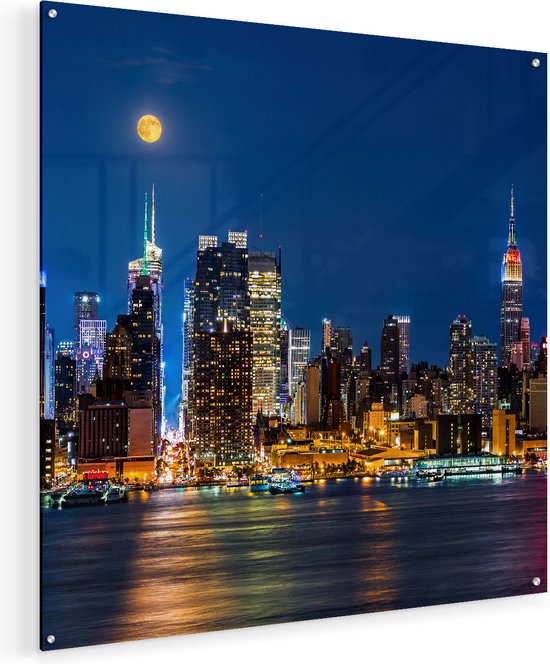 Artaza Glasschilderij - Verlichte Skyline Van New York Met Volle Maan - 70x70 - Plexiglas Schilderij - Foto op Glas