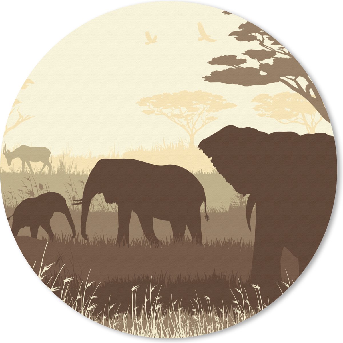 Muismat rond 50x50 cm - Mousepad Illustratie van Afrikaanse olifanten met antilopen - Ronde muismatten