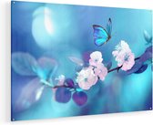 Artaza Glasschilderij - Blauwe Vlinder Bij Een Roze Bloem  - 120x80 - Groot - Plexiglas Schilderij - Foto op Glas