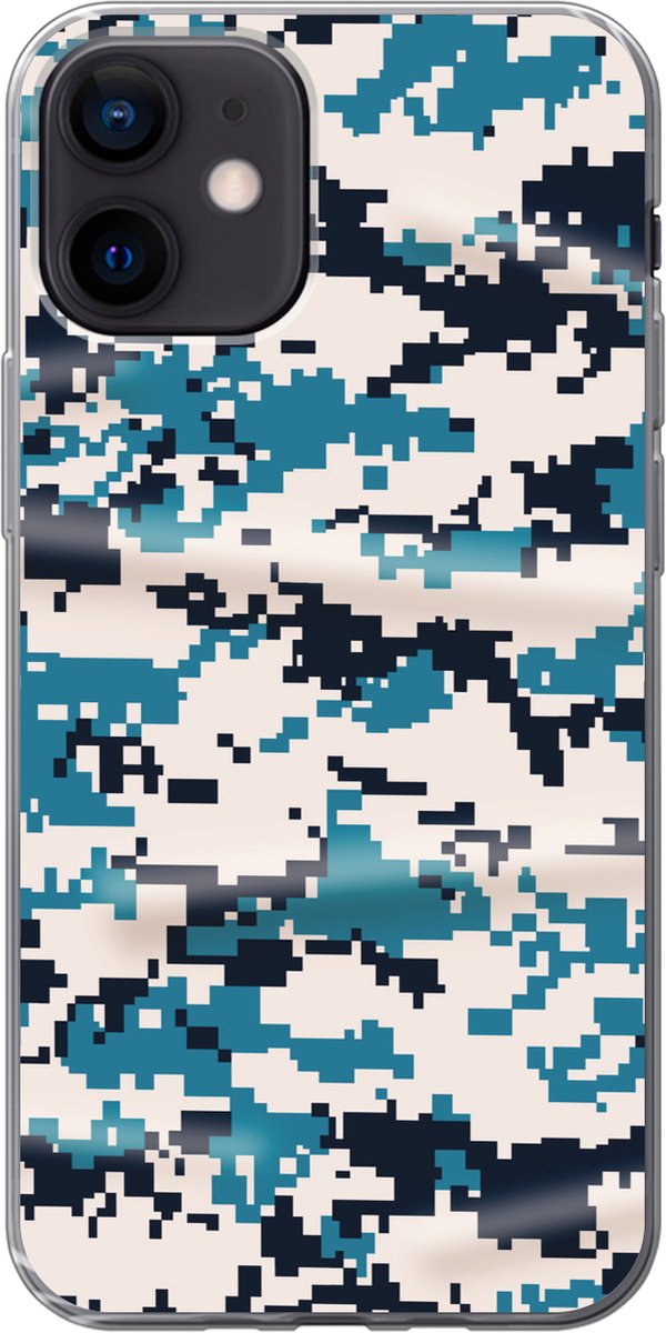 Telefoonhoesje Geschikt voor iPhone 12 hoesje - Blauw met wit camouflage patroon - Siliconen Telefoonhoesje Telefoonhoesje
