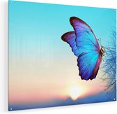 Artaza Glasschilderij - Blauwe Vlinder Bij Paardenbloemen  - 100x80 - Groot - Plexiglas Schilderij - Foto op Glas