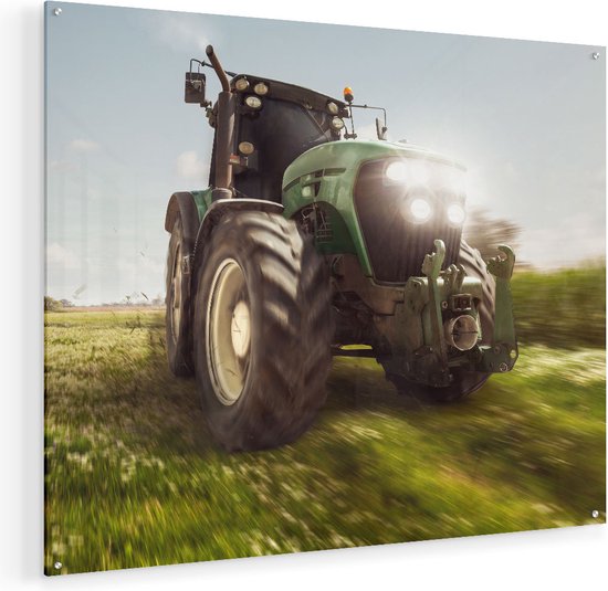 Artaza Glasschilderij - Tractor op het Gras - Trekker - 100x80 - Groot - Plexiglas Schilderij - Foto op Glas
