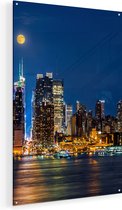 Artaza Glasschilderij - Verlichte Skyline Van New York Met Volle Maan - 70x105 - Plexiglas Schilderij - Foto op Glas