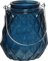 Theelichthouders/waxinelichthouders ruitjes glas donkerblauw met metalen handvat 11 x 13 cm - Windlichtjes/kaarsenhouders