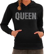Glitter Queen hoodie zwart met steentjes/ rhinestones voor dames - Glitter kleding/ foute party outfit - Truien met capuchon M