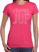 Glitter Super Juf t-shirt roze met steentjes/ rhinestones voor dames - Lerares cadeau shirts - Glitter kleding/foute party outfit XS