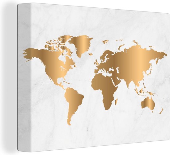 Une image d'une carte du monde en or brillant sur fond blanc marbré.
