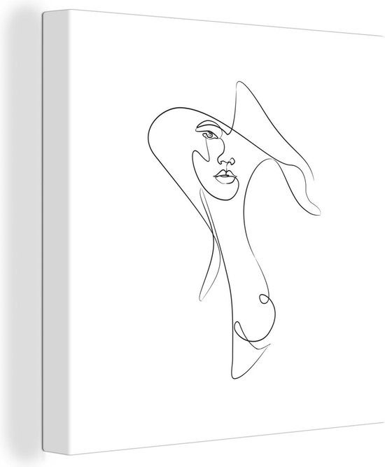 Canvas Schilderij Abstracte line art van een vrouw met vloeiende lijnen vierkant - 50x50 cm - Wanddecoratie
