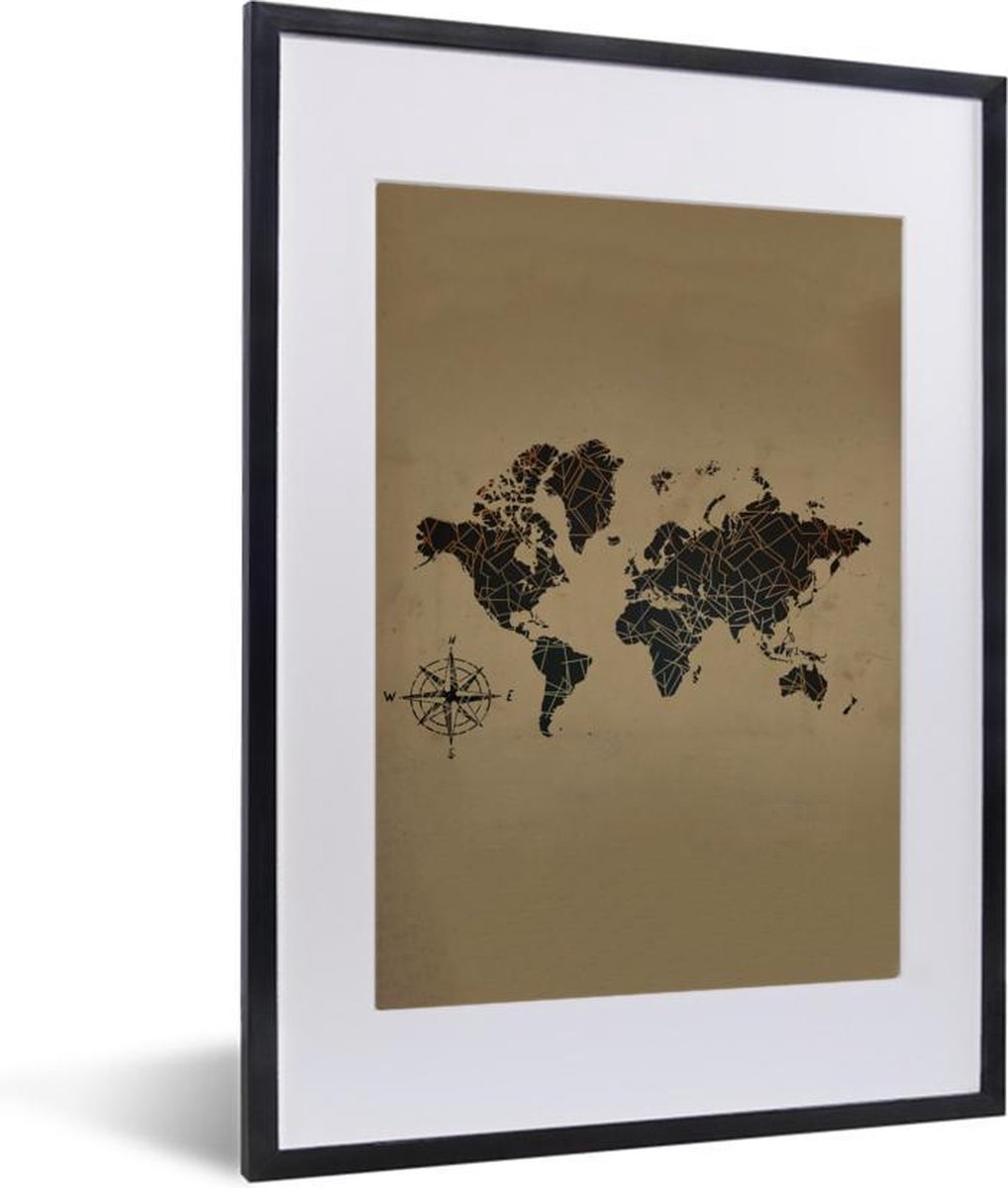 Fotolijst incl. Poster - Wereldkaart - Zwart - Windroos - 30x40 cm - Posterlijst