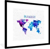 Affiche avec cadre Carte du Wereldkaart - Aquarelle - Voyages - 40x40 cm