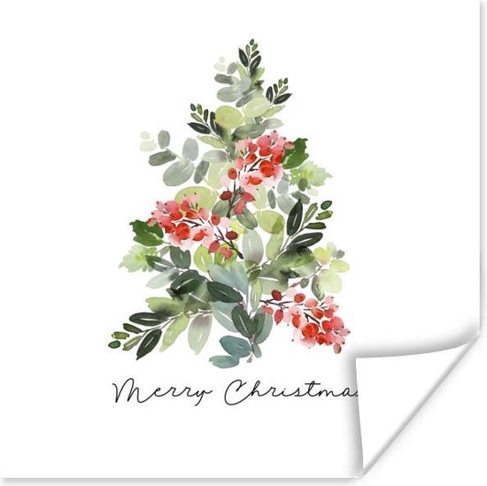Poster Kerst - Waterverf - Kerstboom - 30x30 cm - Kerstmis Decoratie - Kerstversiering - Kerstdecoratie Woonkamer - Kerstversiering - Kerstdecoratie voor binnen - Kerstmis