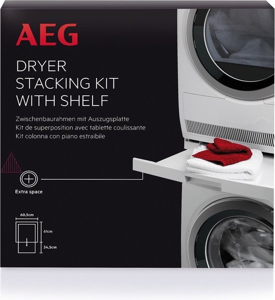 Verpakking van AEG tussenstuk met uittrekbare lade voor wasmachine-droger combinatie.