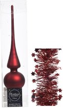 Kerstversiering glazen piek mat 26 cm en sterren folieslingers pakket donkerrood van 3x stuks - Kerstboomversiering