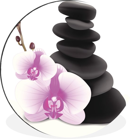 WallCircle - Wandcirkel - Muurcirkel - Orchidee naast zen stenen - Aluminium - Dibond - ⌀ 140 cm - Binnen en Buiten