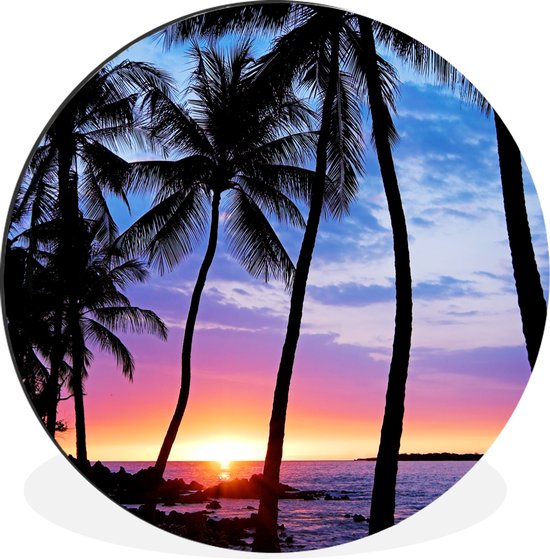 WallCircle - Wandcirkel - Muurcirkel - De kleurrijke zonsondergang achter een rij met palmbomen op Hawaï - Aluminium - Dibond - ⌀ 60 cm - Binnen en Buiten