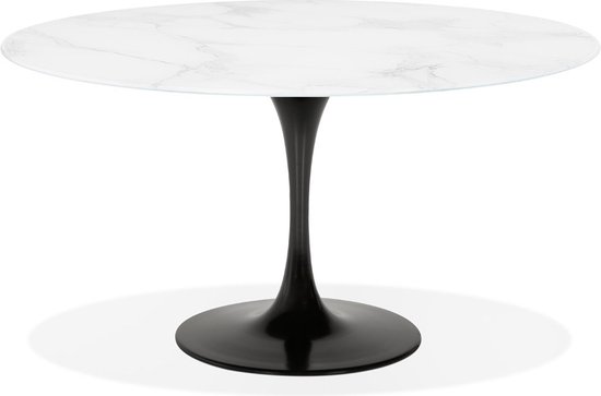 Alterego Ronde eettafel 'SHADOW' van wit glas met marmereffect en centrale zwarte poot - Ø 140 cm