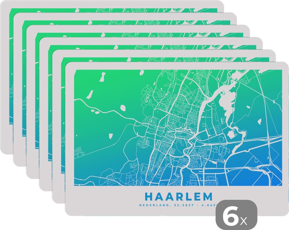 Placemat - Placemats kunststof - Stadskaart - Haarlem - Groen - Blauw - 45x30 cm - 6 stuks - Hittebestendig - Anti-Slip - Onderlegger - Afneembaar