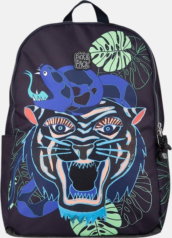 Zwarte rugzak met grote neon-blauwe tijgerkop en groene bladeren.